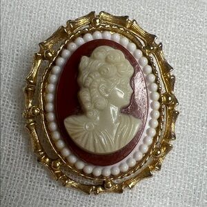 Vintage Style Gold-Tone Red and Ivory Cameo Brooch